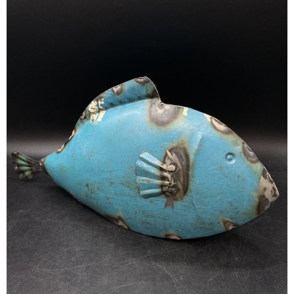 Reclaimed Welded Metal Sign Fish Decor Recycled Handmade Art Teal Blue